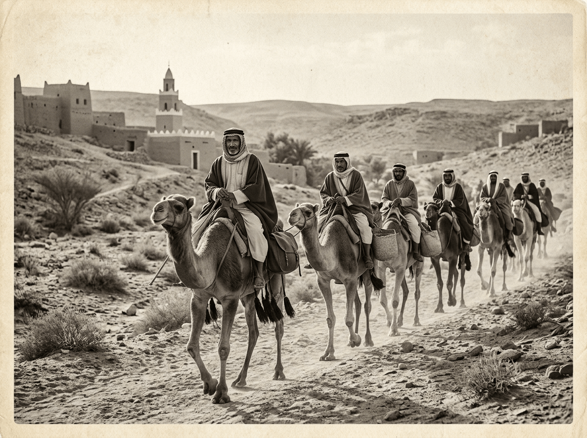 Men wearing traditional Middle Eastern robes riding camels in a desert near old buildings