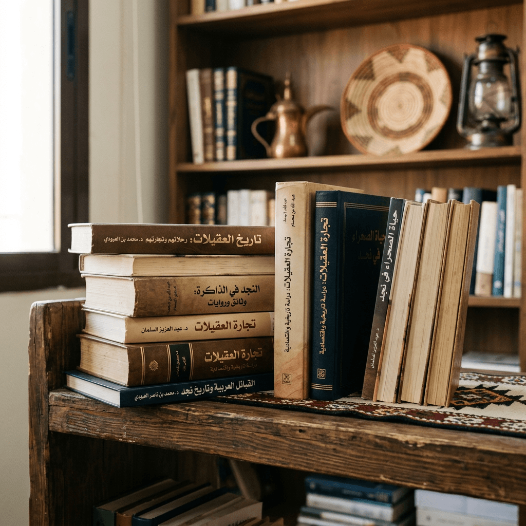 Stack of Arabic books about history, culture, and trade on a wooden shelf