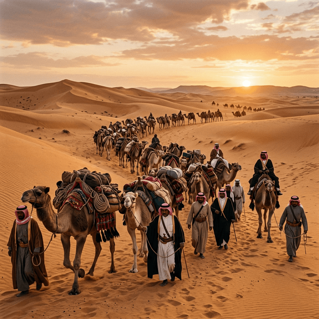 Caravan of camels and people dressed in traditional clothing walking through desert sand dunes at sunset