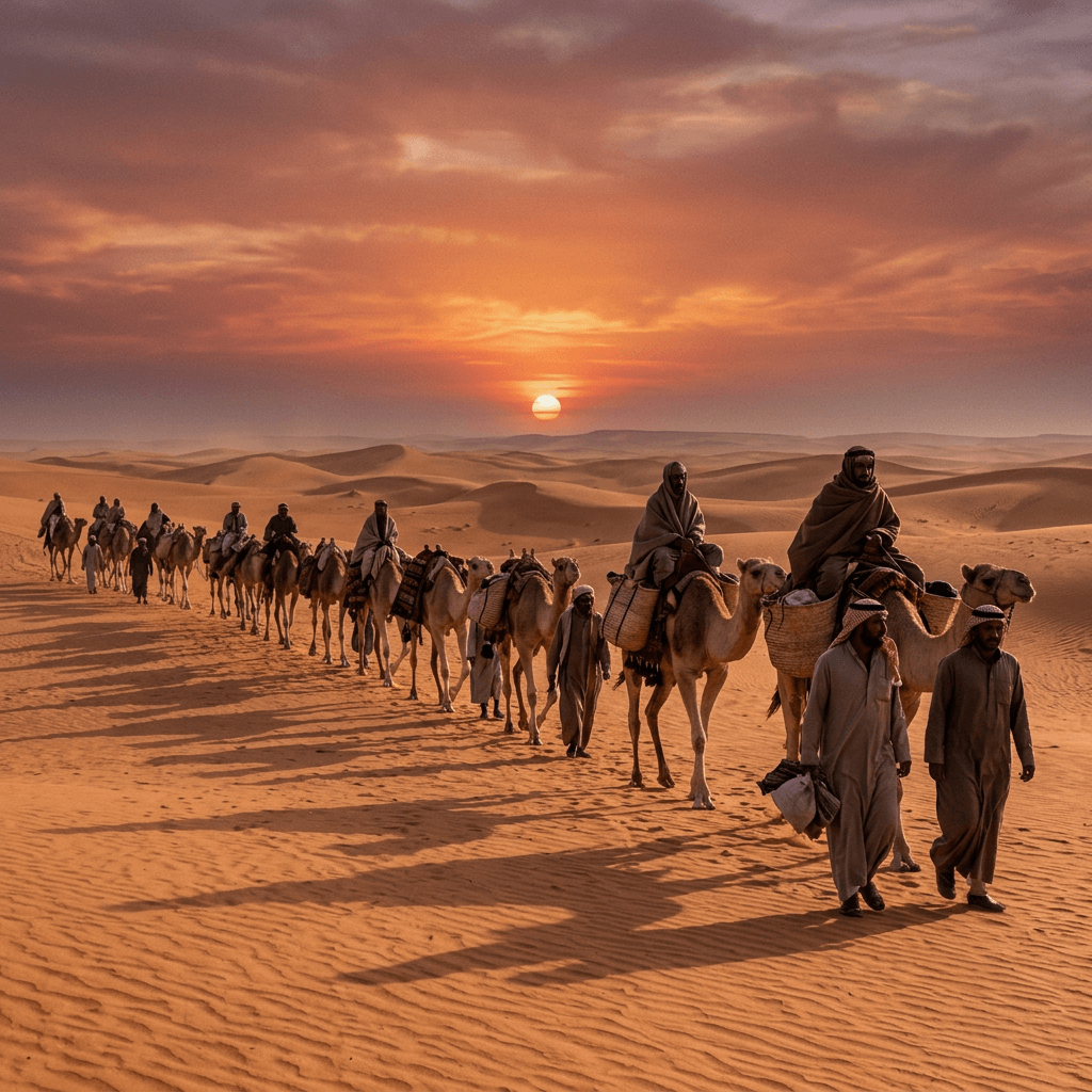 Caravan of camels and people traveling through desert sand dunes at sunset