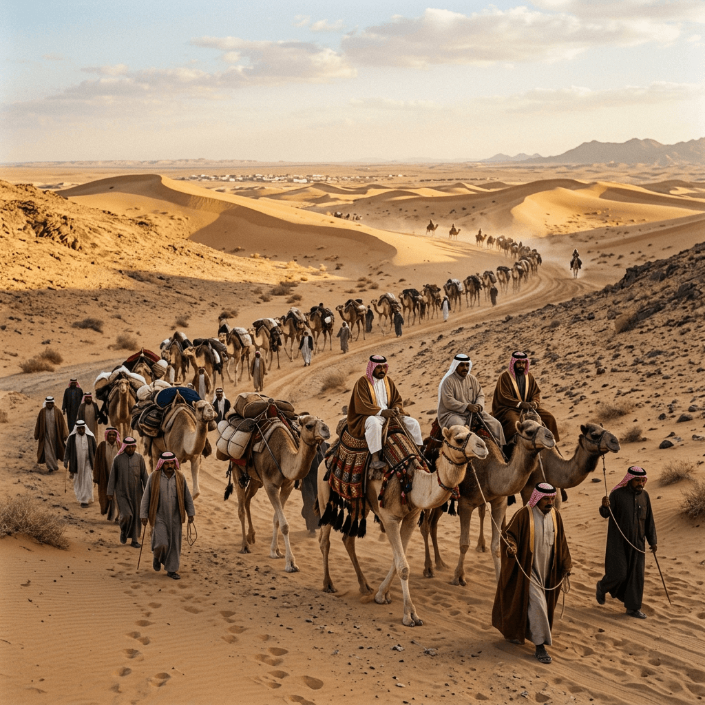 Caravan of camels and people walking through sandy desert dunes