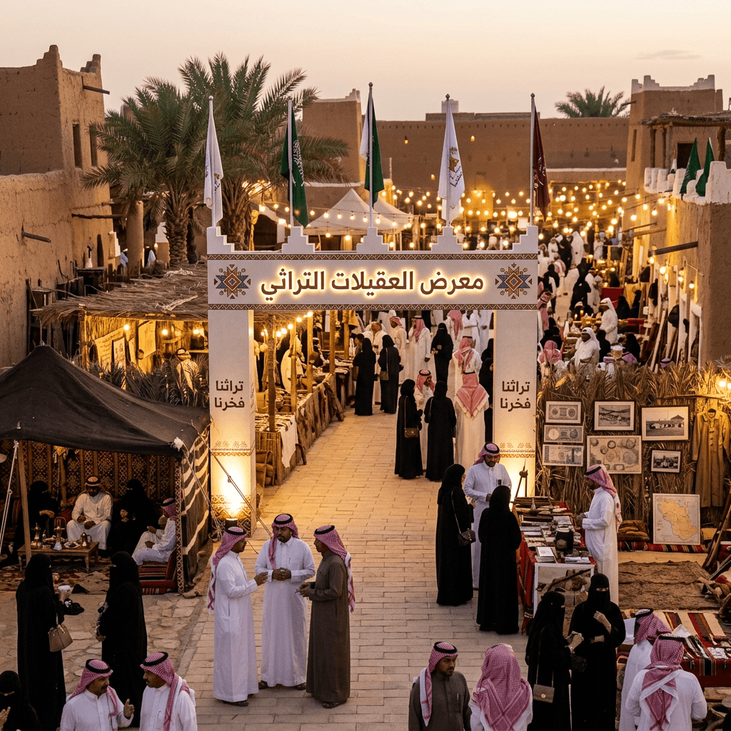 Crowd at a traditional heritage market in a historic village with lights and stalls